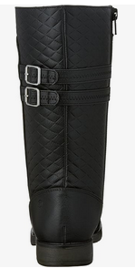 Allen's Bootery black tall riding boot for girls with quilted texture, side zipper, and double buckle straps