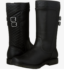 Allen's Bootery black tall riding boots for girls featuring a quilted upper, side zipper, and double buckle detail.
