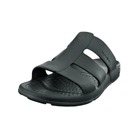 Allen's Bootery black Stanley Slide sandals featuring supportive EVASOL foam, textured footbed, and arch support.