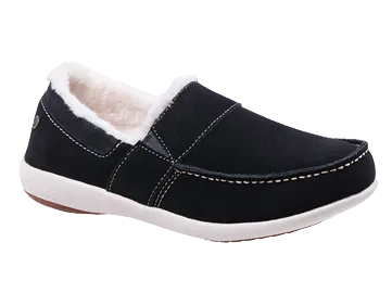 Allen's Bootery black suede slip-on shoe with a white wool-lined collar and contrast stitching for orthotic comfort.