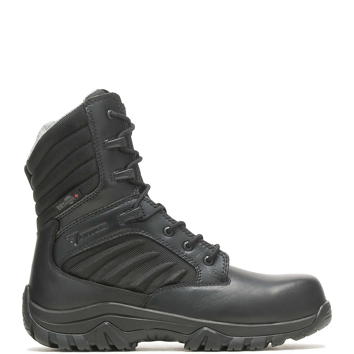 Allen's Bootery black tall side-zip tactical boot with carbon nano toe, waterproof leather, and traction outsole.