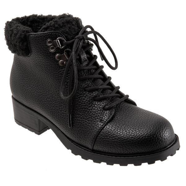 Allen's Bootery Becky 2.0 black tumbled waterproof ankle boot with faux fur collar, laces, and side zipper.