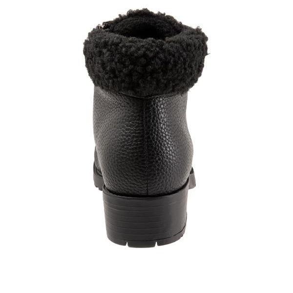 Allen's Bootery Becky 2.0 black tumbled ankle boot with a faux fur padded collar and textured weatherproof upper