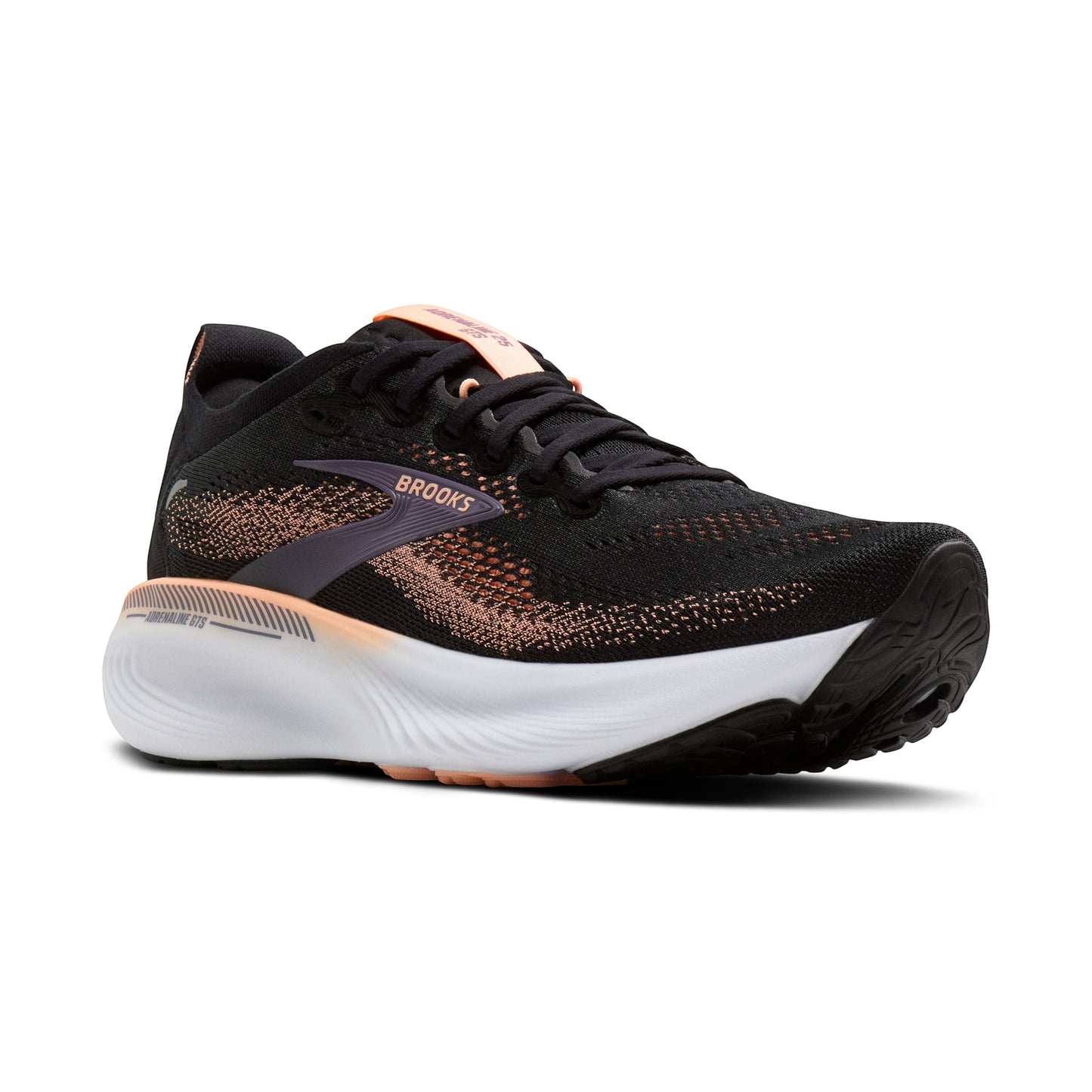 Allen's Bootery Brooks Adrenaline 25 women's road running shoe in black, peach, and mulled grape with breathable upper.