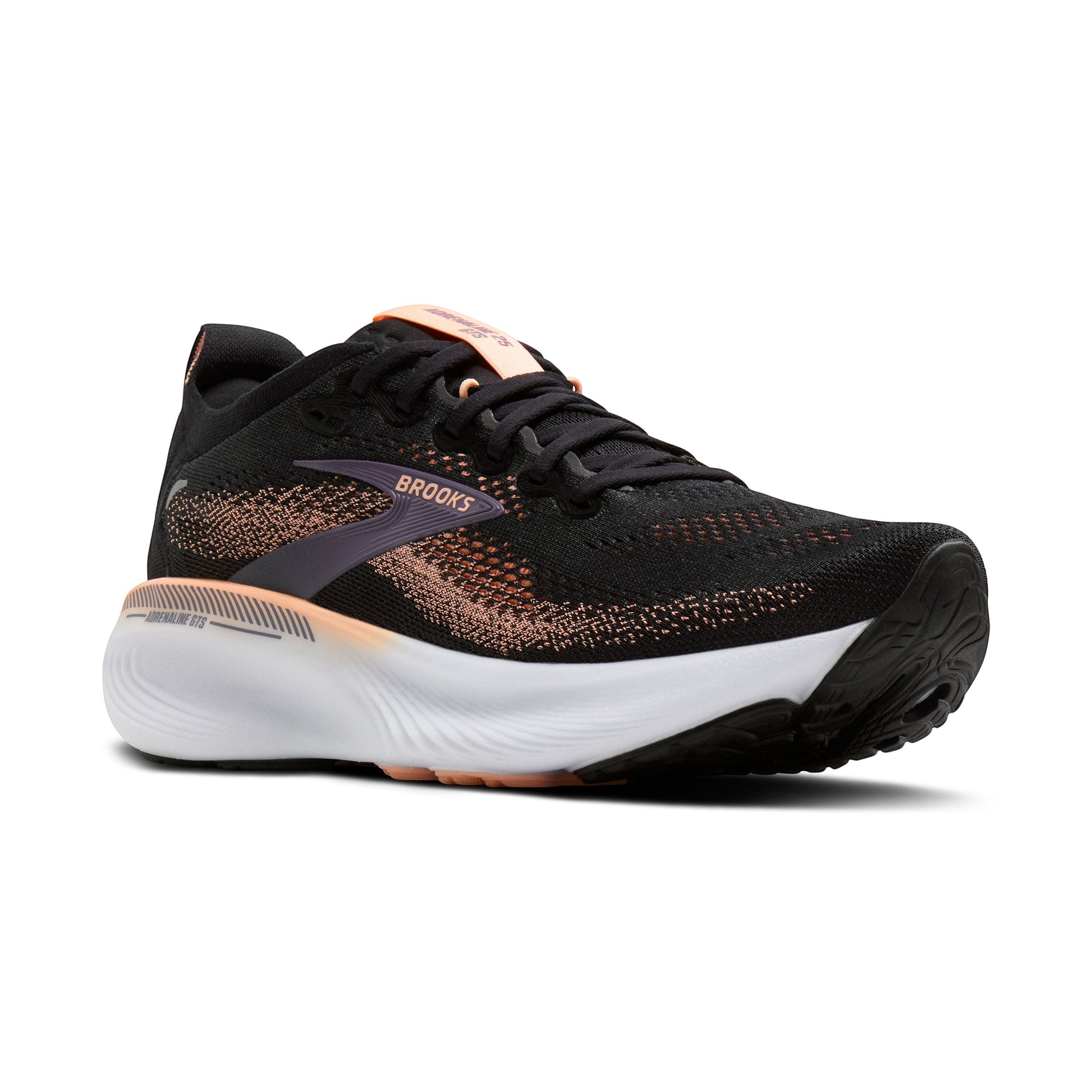 Allen's Bootery Brooks Adrenaline 25 women's road running shoe in black, peach, and mulled grape with breathable upper.