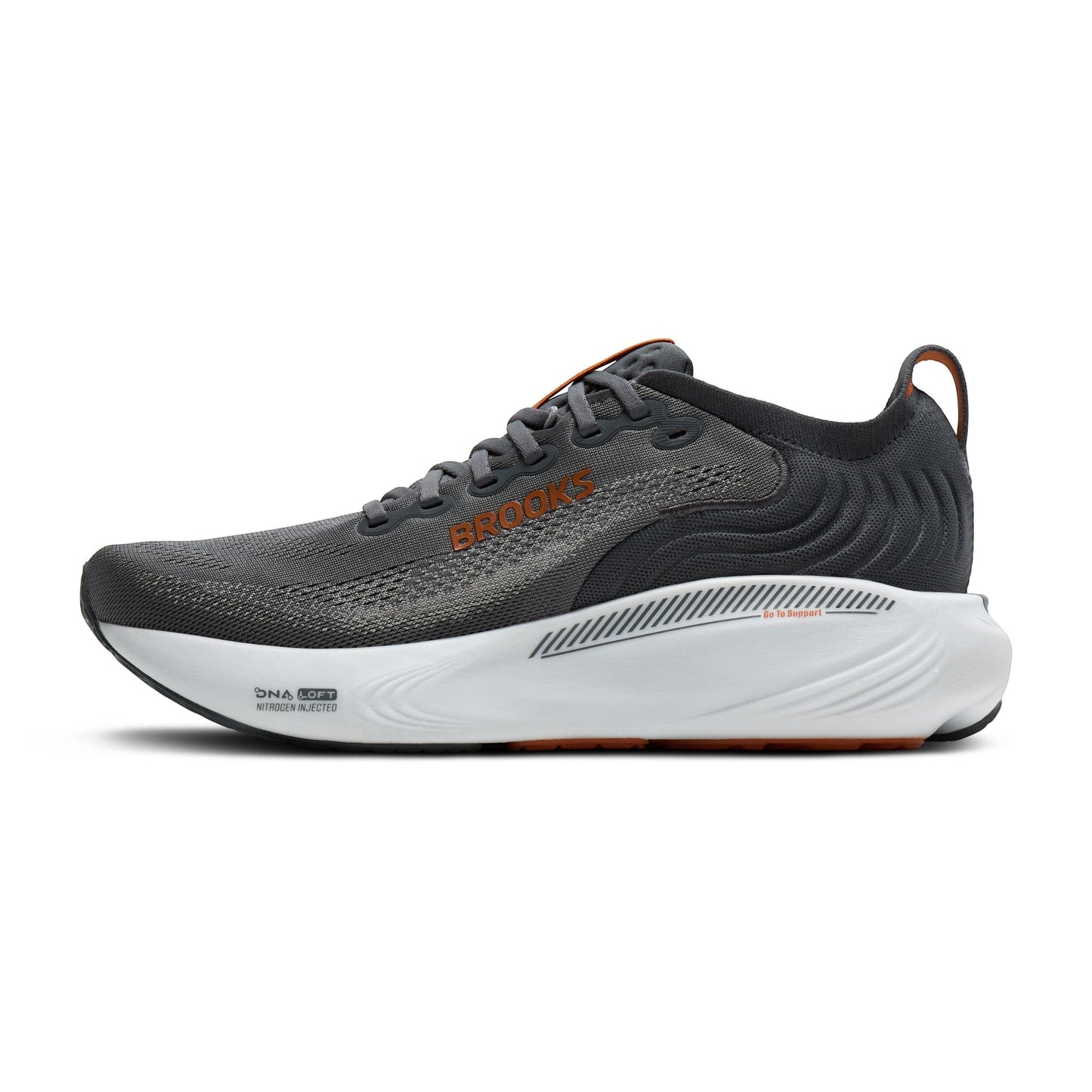 Allen's Bootery Brooks Adrenaline 25 men's running shoe in turbulence grey and brown with white cushioned midsole