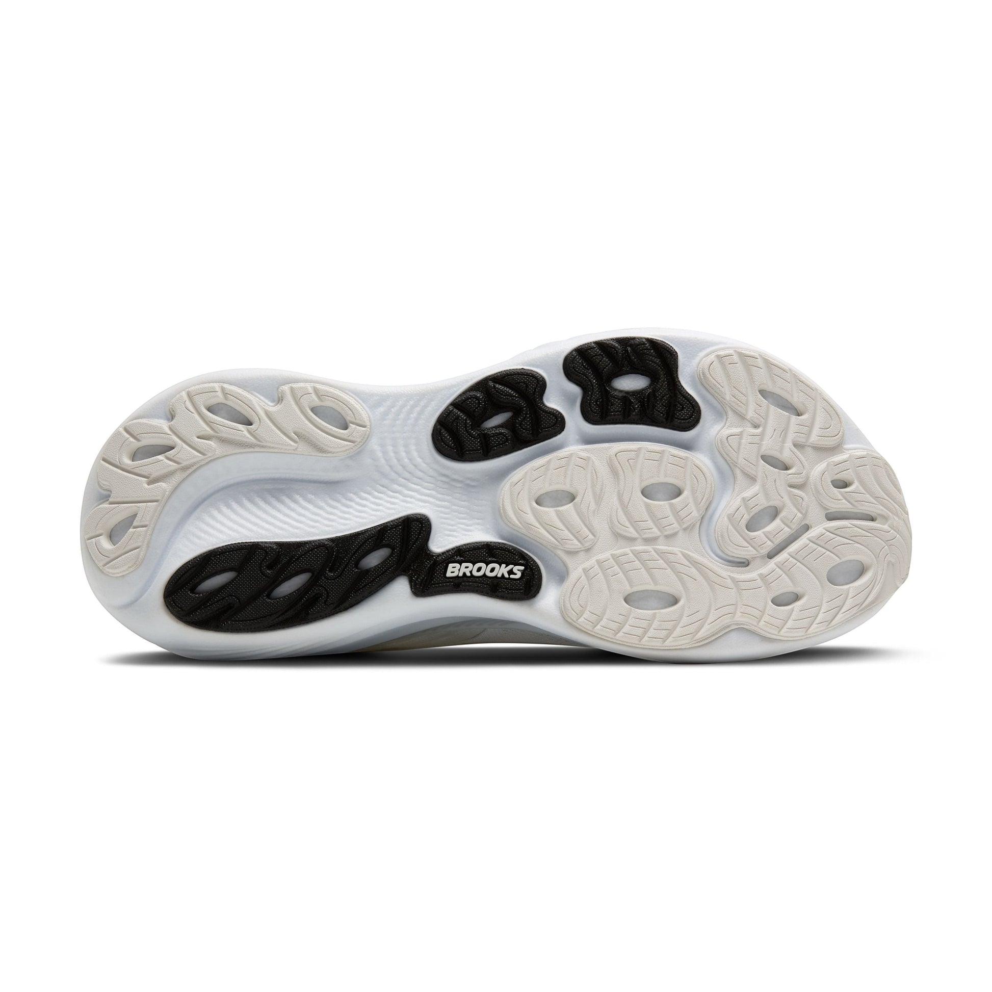 Allen's Bootery Brooks Adrenaline 25 white and silver running shoe outsole with black traction pods