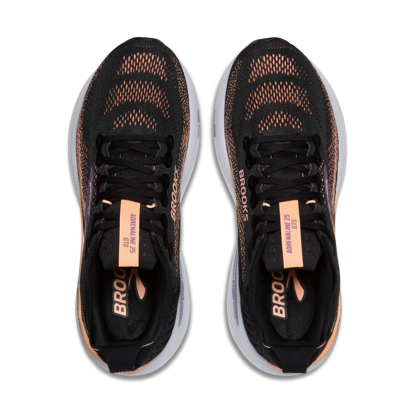 Allen's Bootery Brooks Adrenaline 25 women's road running shoes in black, peach, and mulled grape with breathable mesh.