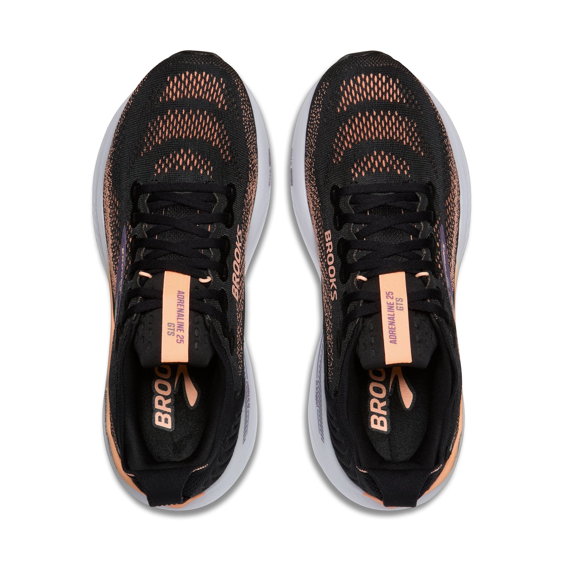 Allen's Bootery Brooks Adrenaline 25 women's road running shoes in black, peach, and mulled grape with breathable mesh.