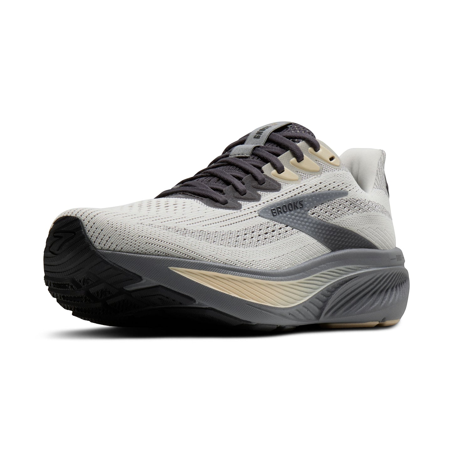 Allen's Bootery Brooks Ghost 17 neutral road running shoe in vaporous grey, primer, and sand with cushioned midsole.