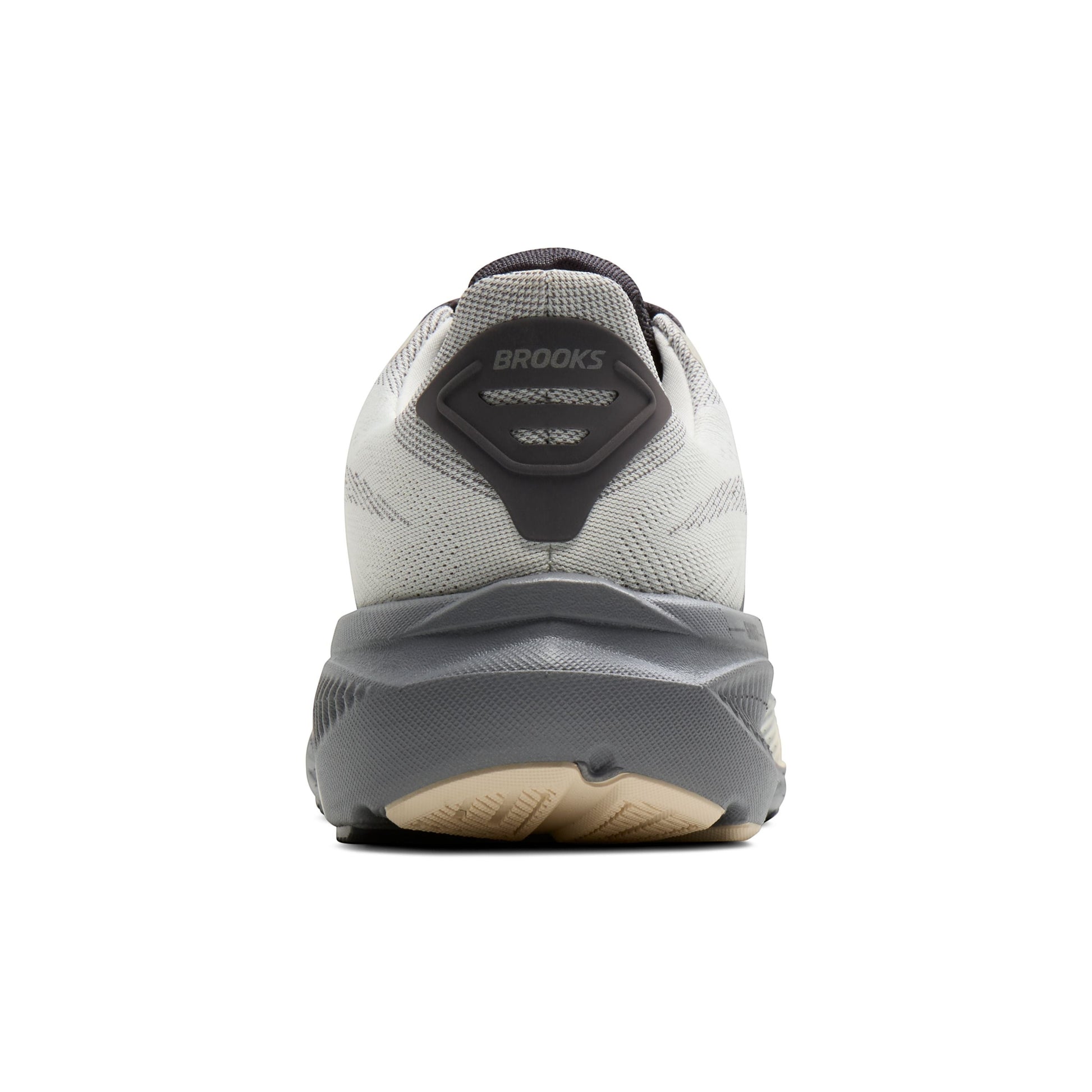 Allen's Bootery Brooks Ghost 17 running shoe in vaporous grey, primer, and sand, rear view showing heel cushioning.