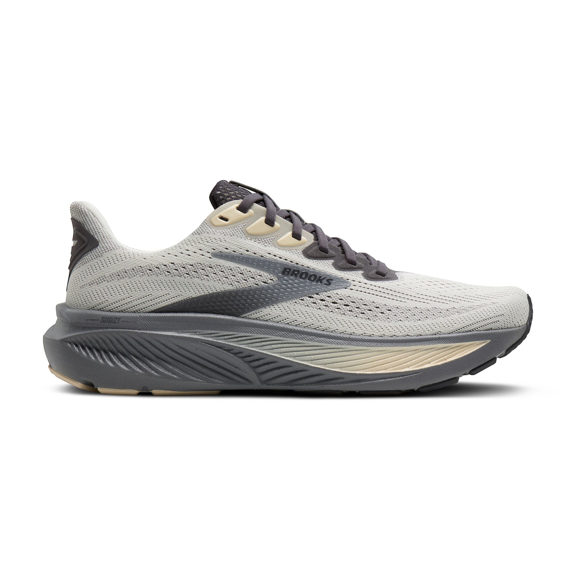 Allen's Bootery Brooks Ghost 17 neutral road running shoe in vaporous grey, primer, and sand with cushioned midsole.