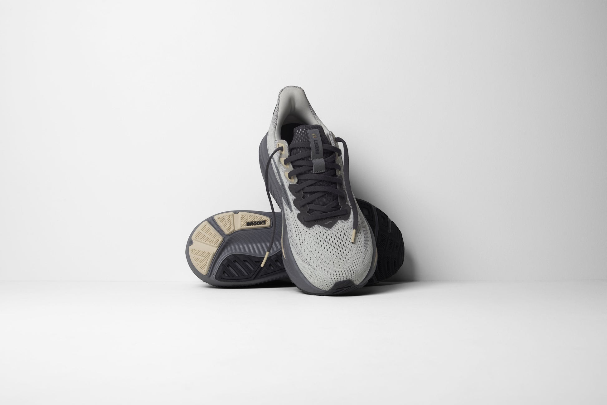 Allen's Bootery Brooks Ghost 17 neutral road running shoes in vaporous grey, primer, and sand with recycled mesh upper.
