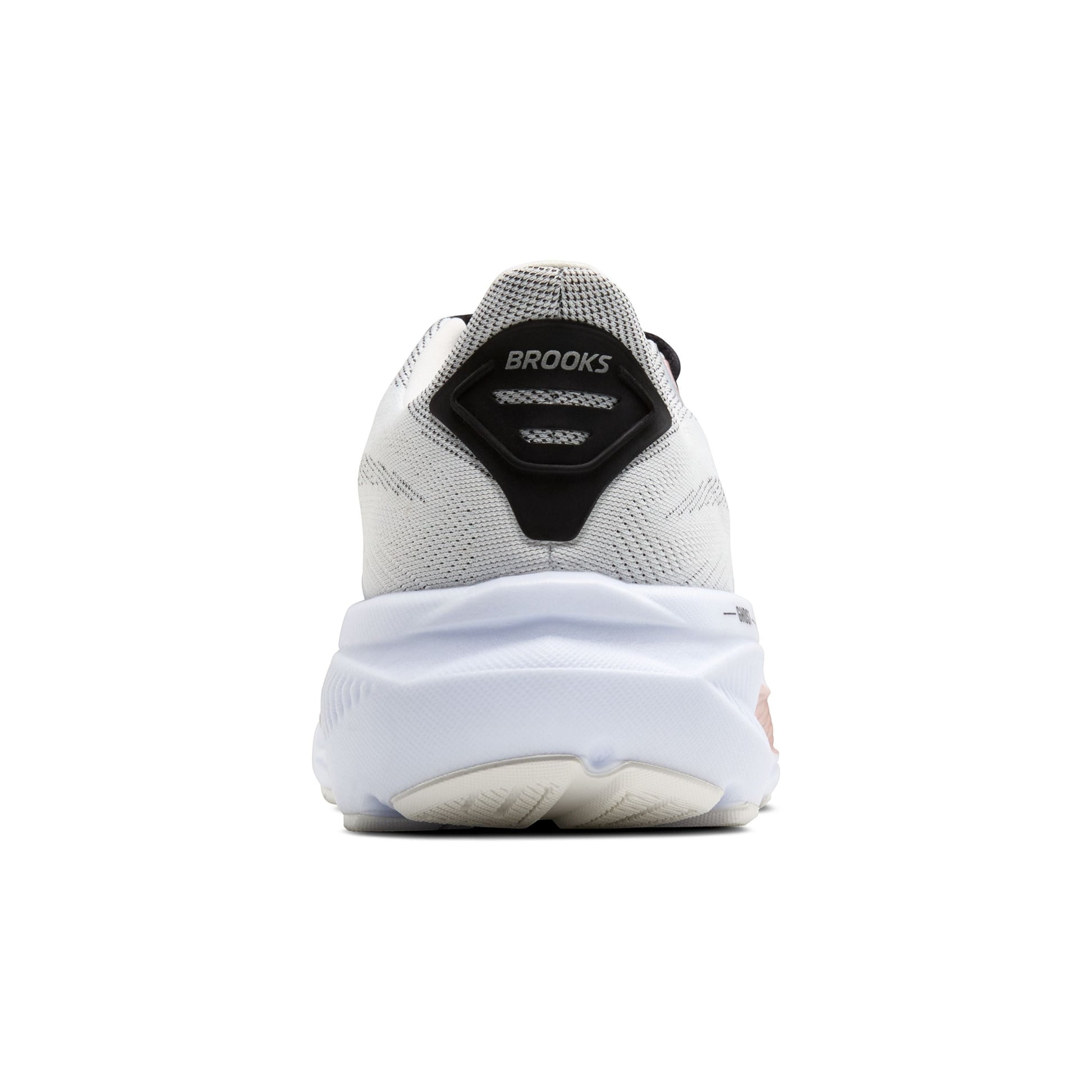 Allen's Bootery Brooks Ghost 17 women's road running shoe in white, black, and rose gold, rear view showing heel.