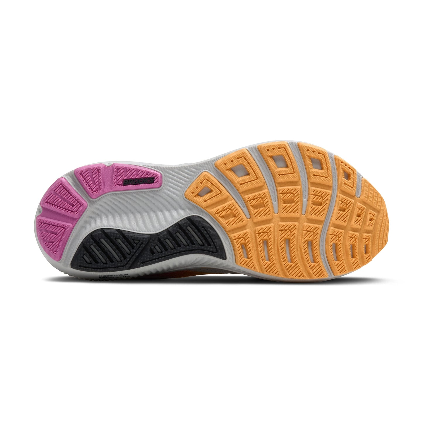Allen's Bootery Brooks Ghost 17 women's road running shoe outsole in oyster, apricot, and pink with traction tread.