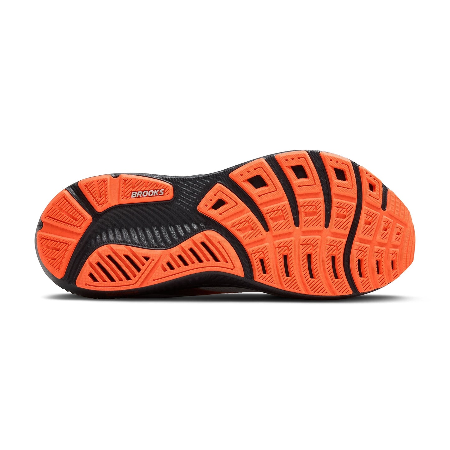 Allen's Bootery Brooks Ghost 17 running shoe outsole in orange and ebony black with textured traction pattern