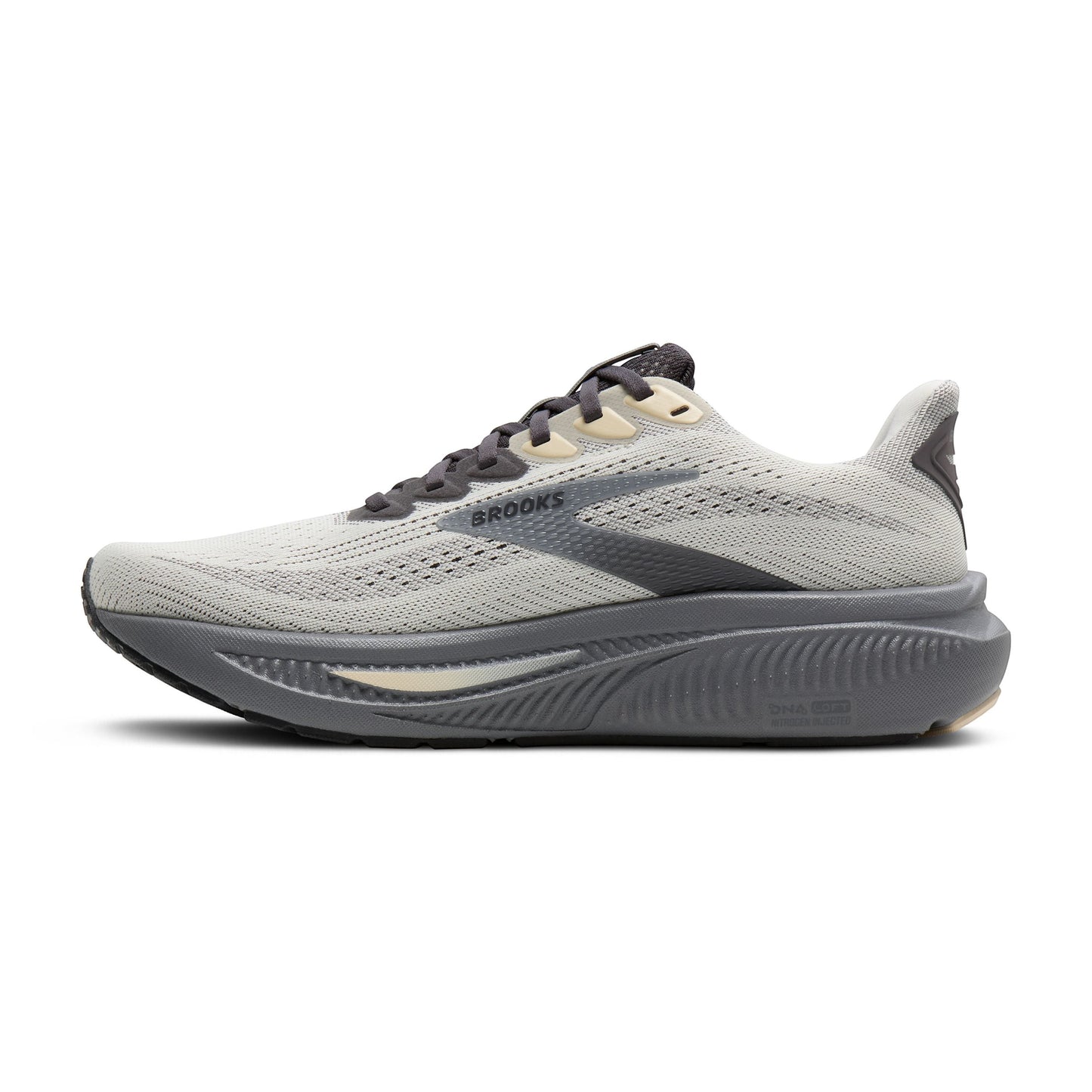 Allen's Bootery Brooks Ghost 17 neutral road running shoe in vaporous grey, primer, and sand with cushioned midsole.