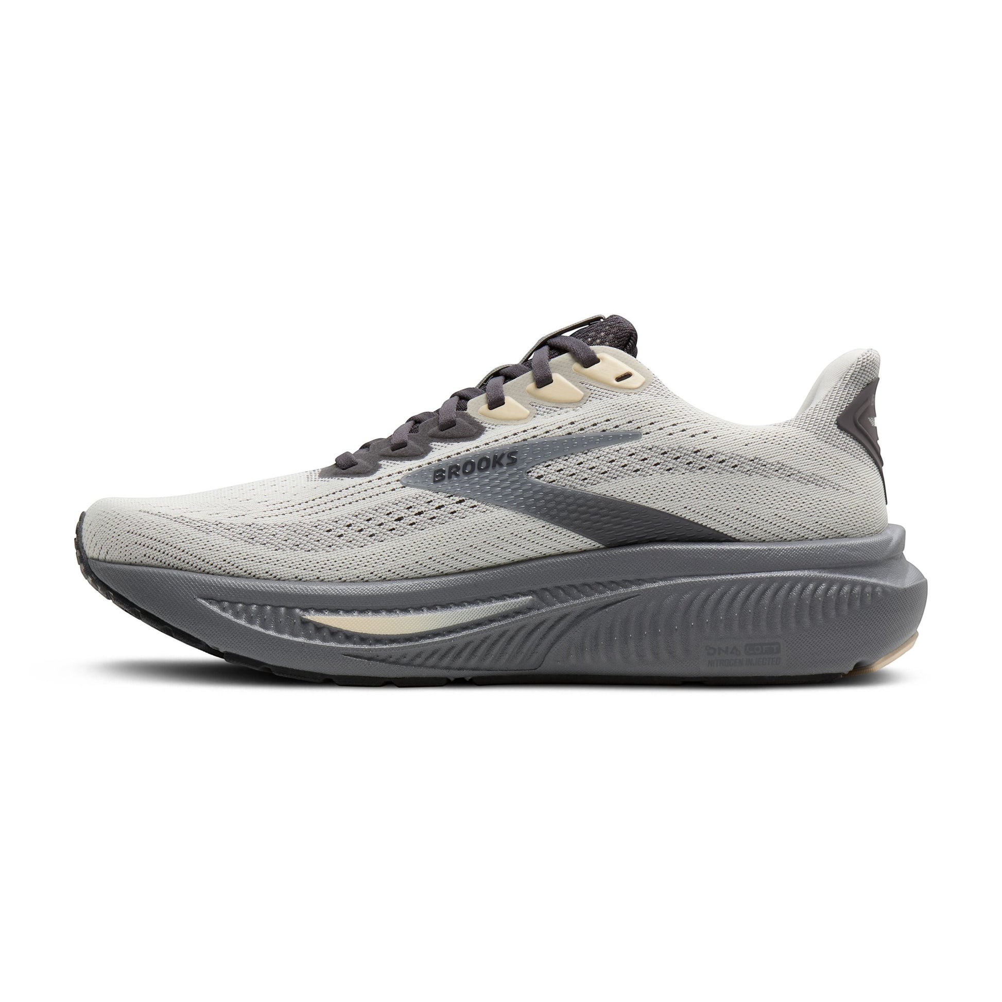 Allen's Bootery Brooks Ghost 17 neutral road running shoe in vaporous grey, primer, and sand with cushioned midsole.