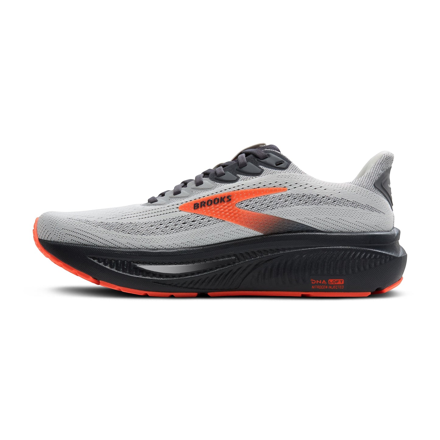 Allen's Bootery Brooks Ghost 17 neutral road running shoe in oyster mushroom, orange, and ebony with cushioned sole.