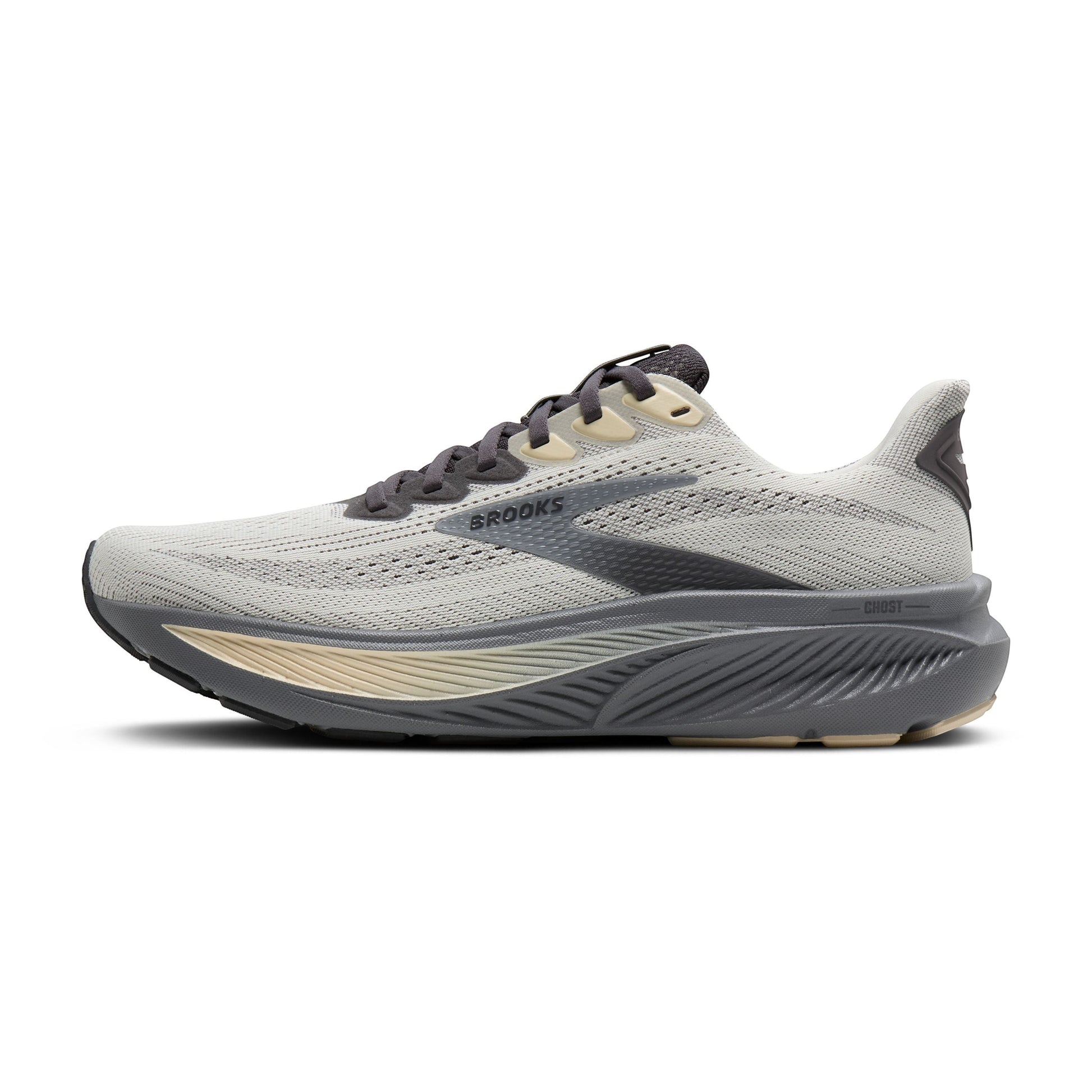 Allen's Bootery Brooks Ghost 17 neutral road running shoe in vaporous grey, primer, and sand with cushioned midsole.