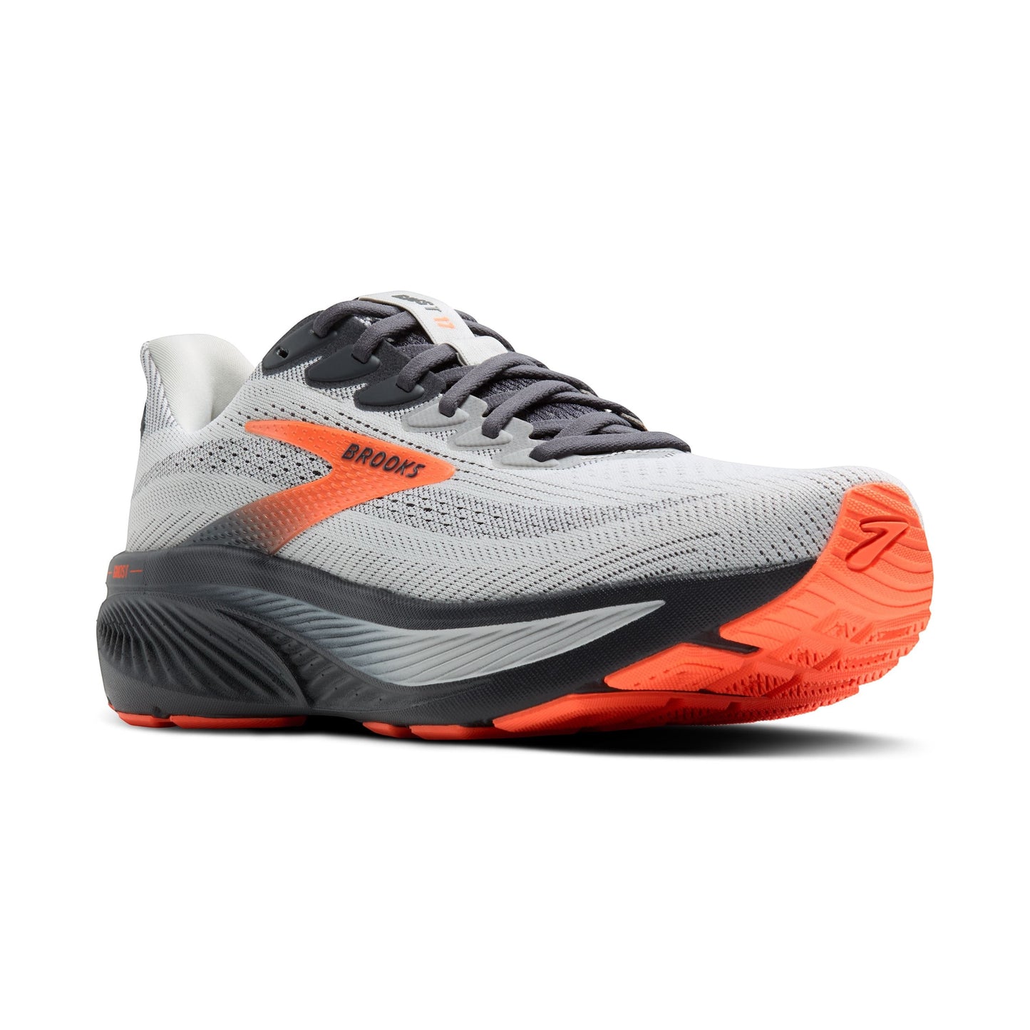Allen's Bootery Brooks Ghost 17 neutral road running shoe in oyster mushroom, orange, and ebony with recycled upper.