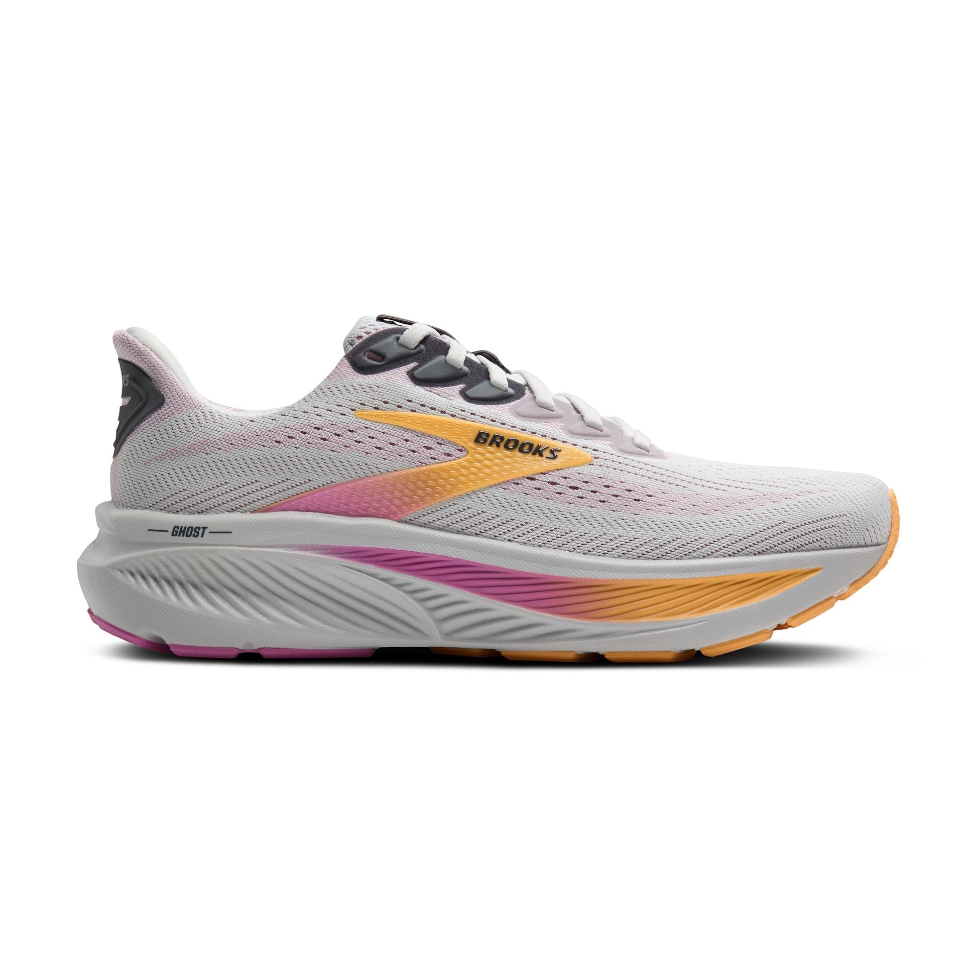 Allen's Bootery Brooks Ghost 17 women's neutral road running shoe in oyster, apricot, and pink with cushioned midsole.