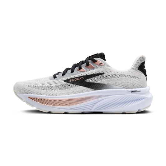 Allen's Bootery Brooks Ghost 17 women's neutral road running shoe in white, black, and rose gold with cushioned midsole.