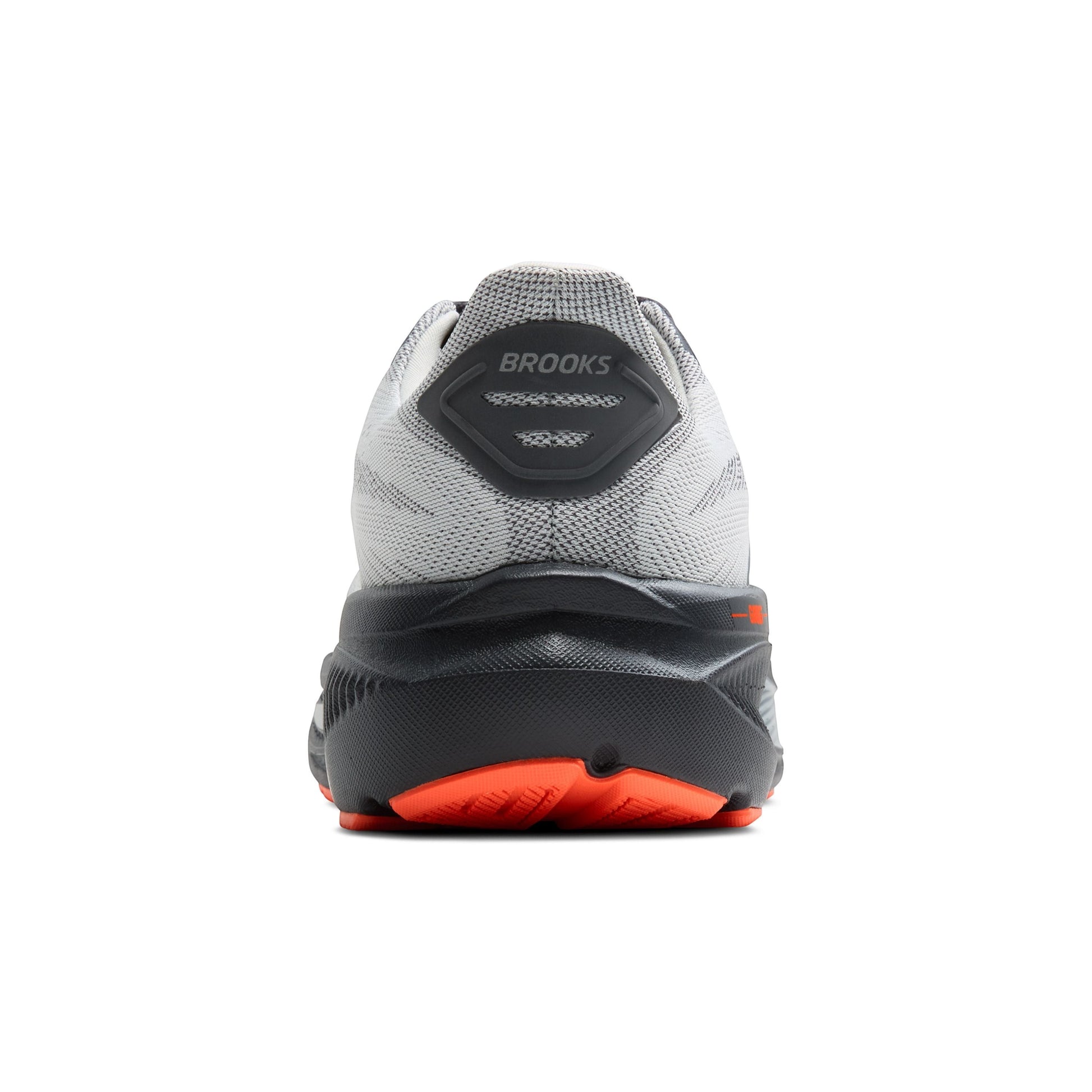 Allen's Bootery Brooks Ghost 17 neutral road running shoe in oyster mushroom, orange, and ebony, rear view.
