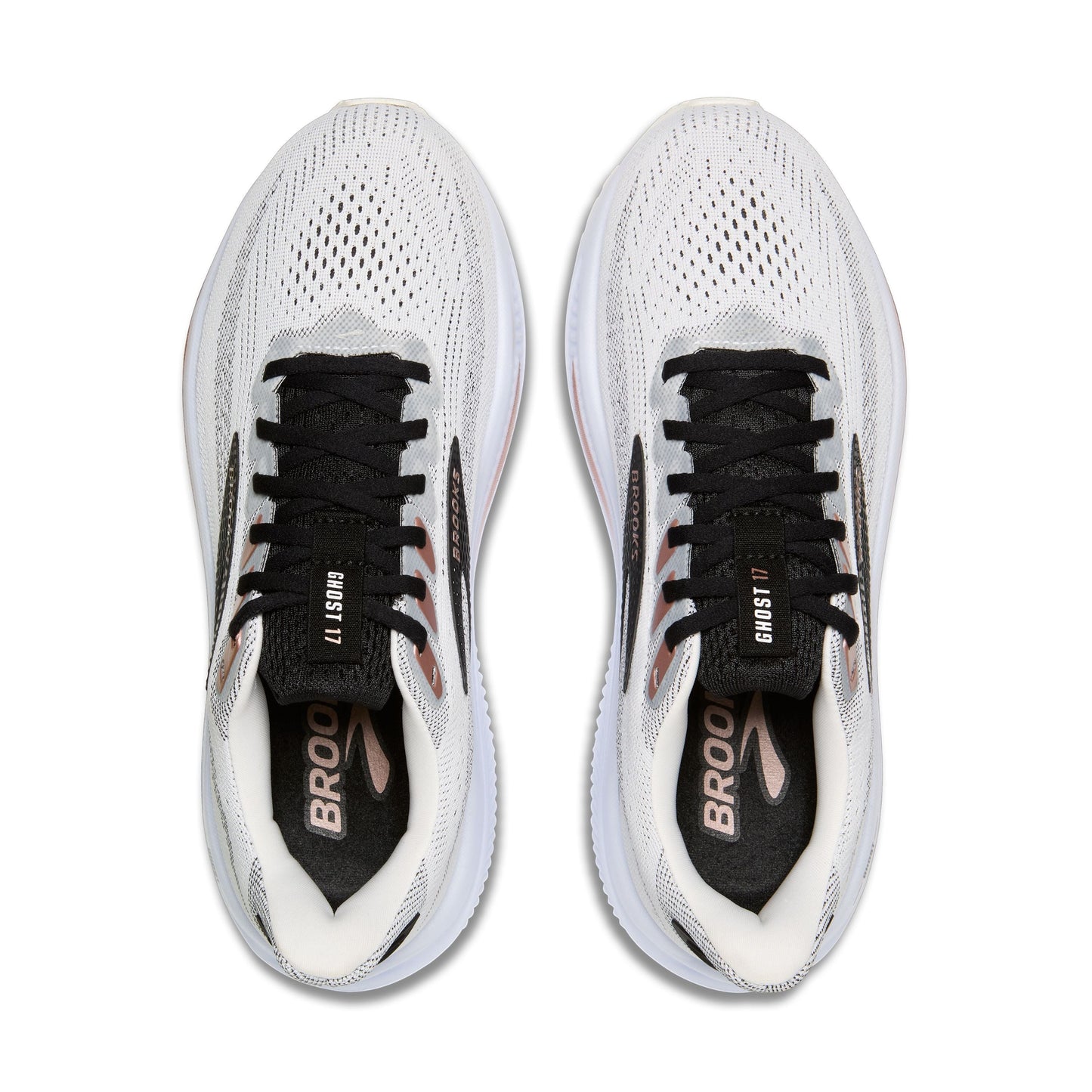 Allen's Bootery Brooks Ghost 17 women's road running shoes in white, black, and rose gold from a top-down view.