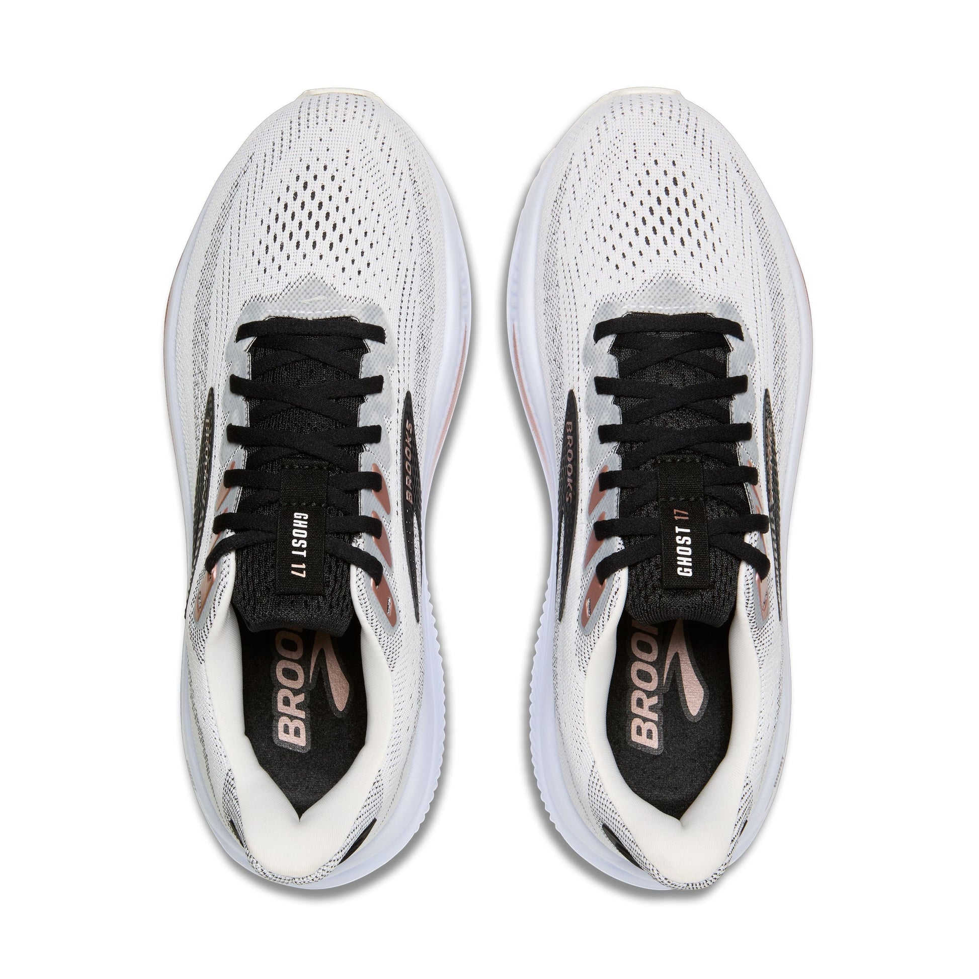 Allen's Bootery Brooks Ghost 17 women's road running shoes in white, black, and rose gold from a top-down view.