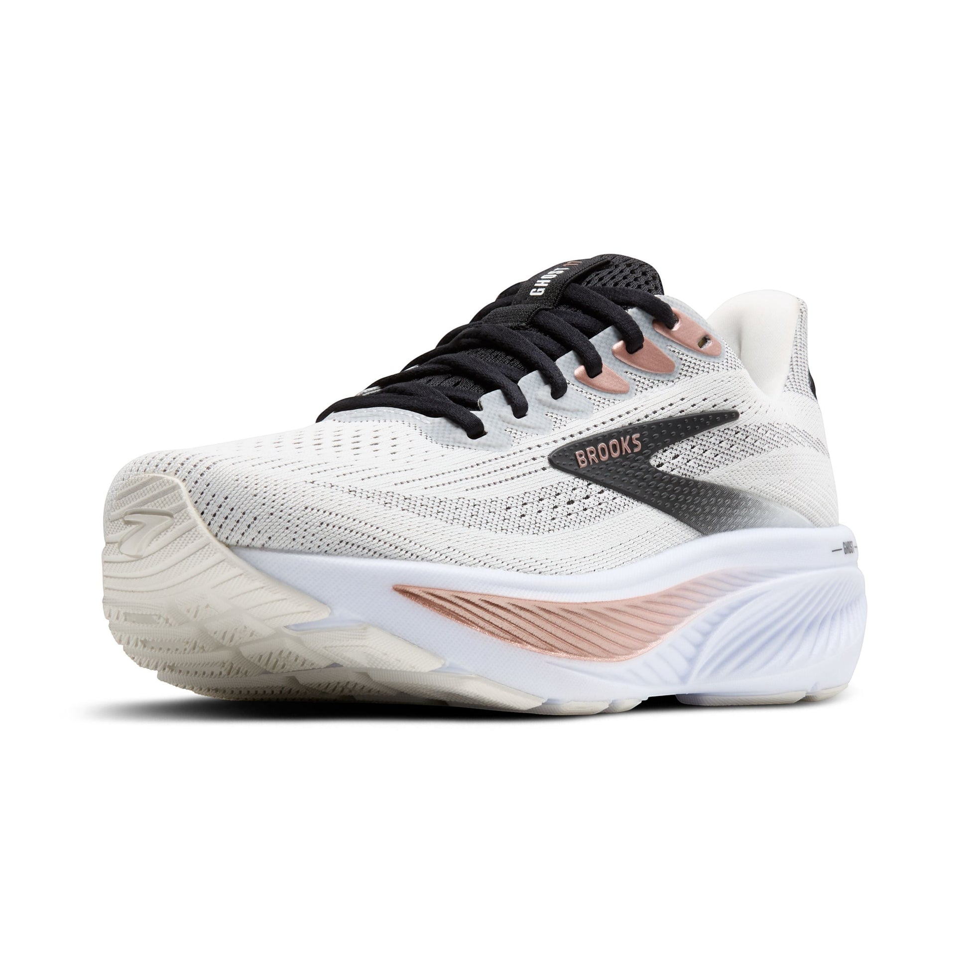 Allen's Bootery Brooks Ghost 17 women's neutral road running shoe in white with black accents and rose gold details.