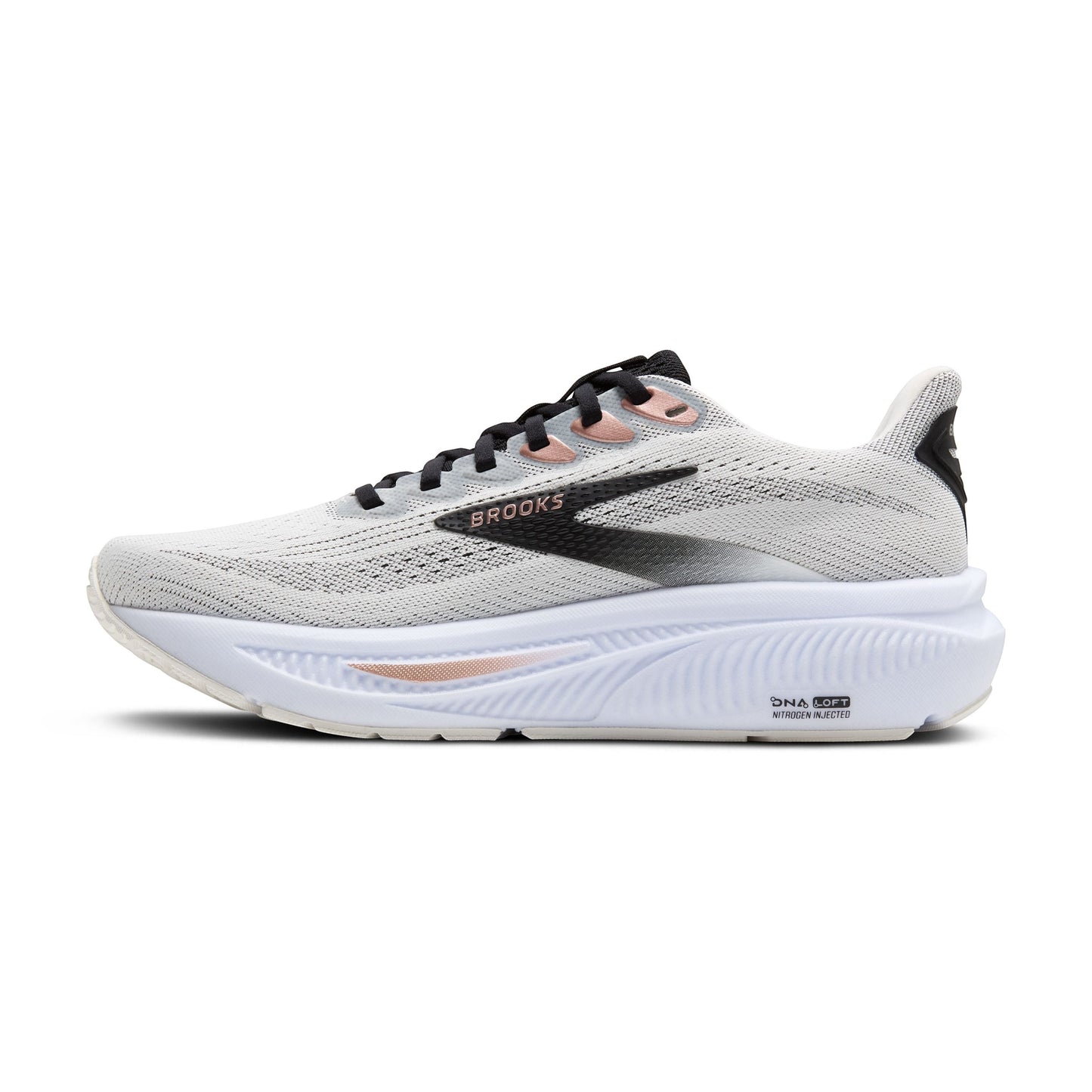Allen's Bootery Brooks Ghost 17 women's road running shoe in white, black, and rose gold with neutral cushioning.