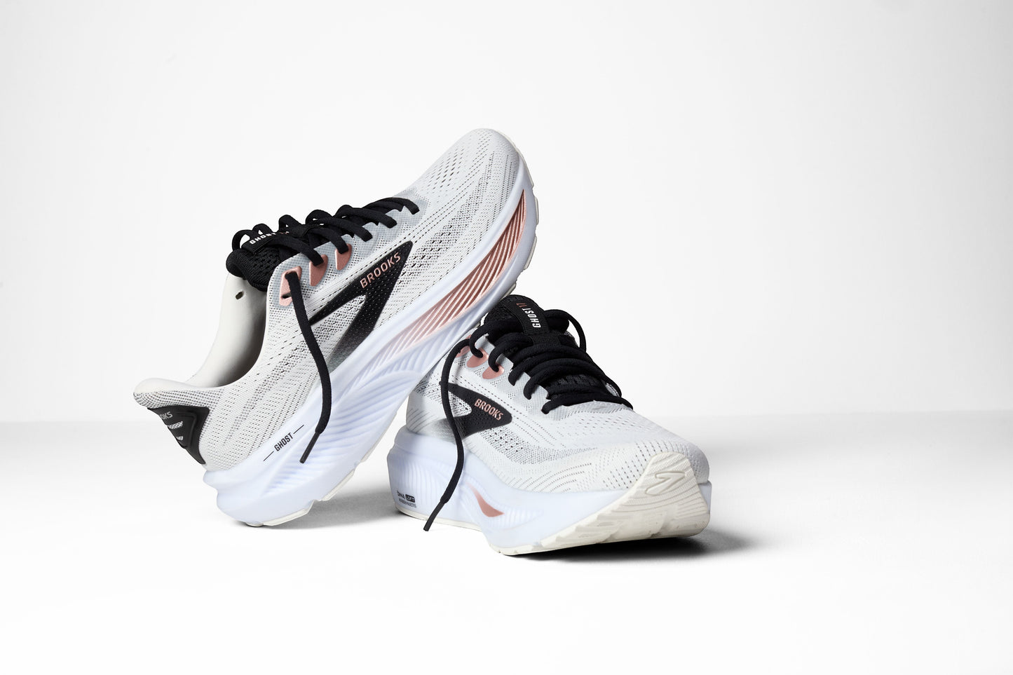 Allen's Bootery Brooks Ghost 17 women's road running shoes in white with black laces and rose gold accents.