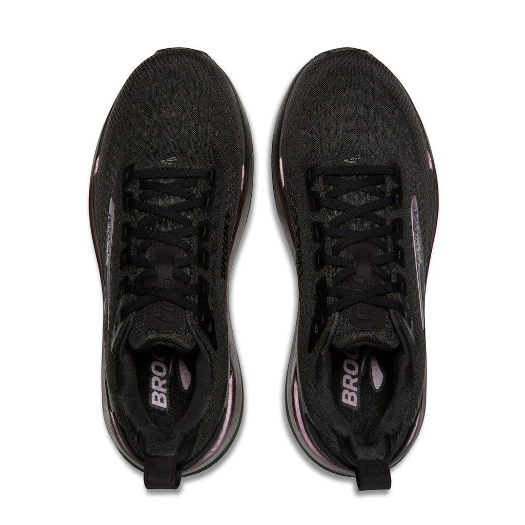 Allen's Bootery Brooks Ghost Max 4 women's running shoes in black with rose gold accents, top-down view.