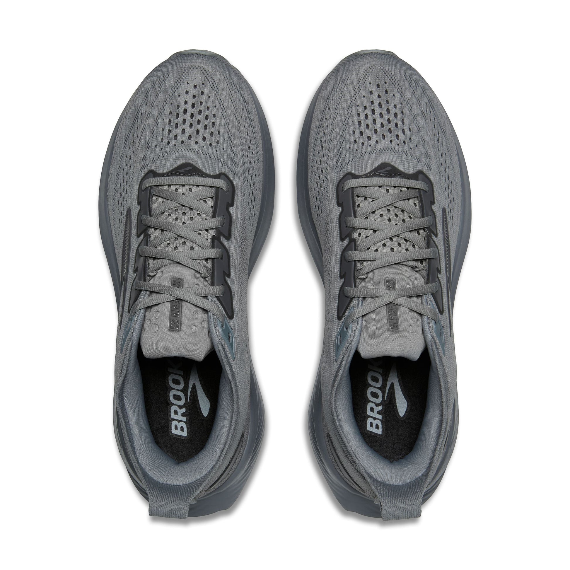 Allen's Bootery Brooks Glycerin 23 men's road running shoes in grey and black, top-down view showing mesh upper.