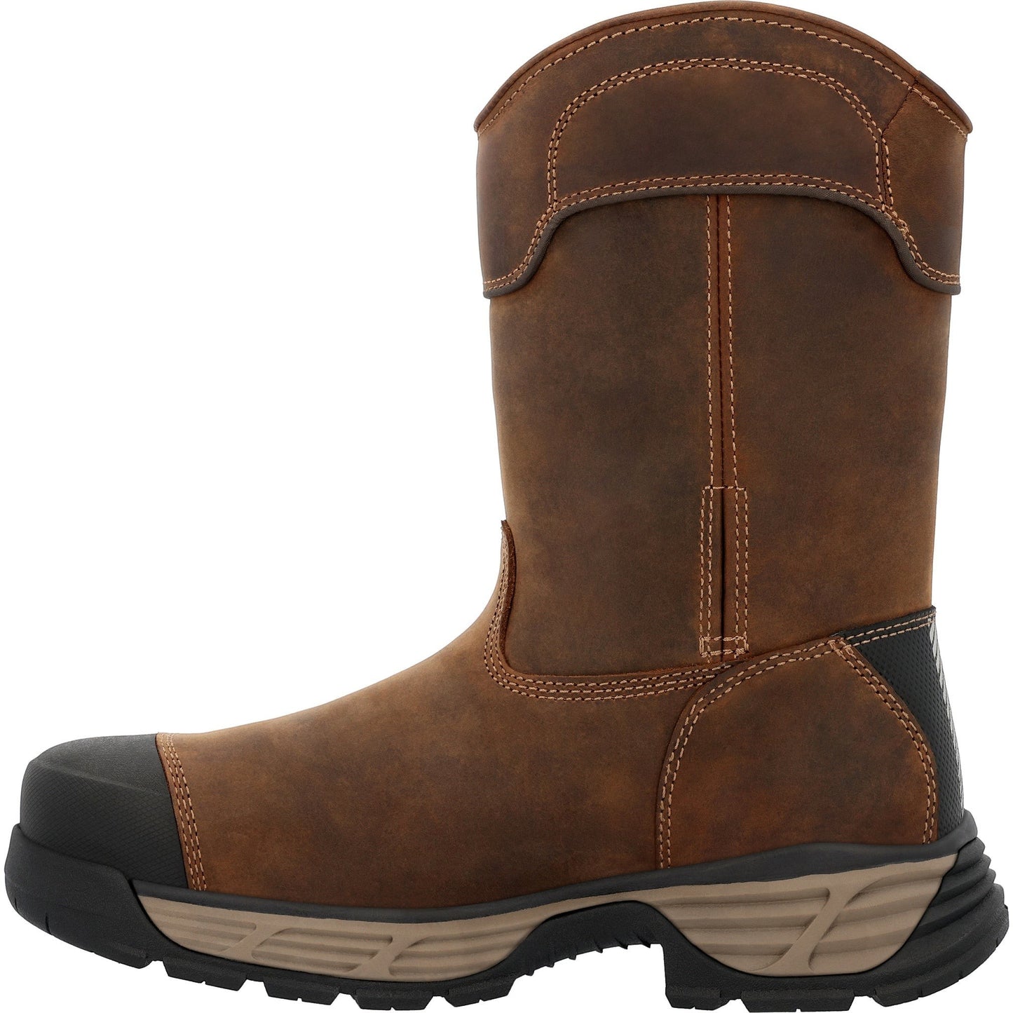 Allen's Bootery brown waterproof alloy toe pull-on work boot with full-grain leather and durable rubber outsole.