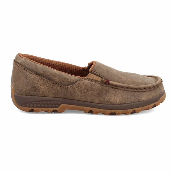 Allen's Bootery brown full-grain leather slip-on driving moc with CellStretch technology and rubber outsole.