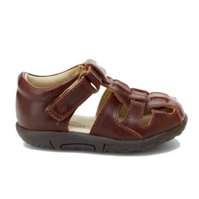 Allen's Bootery brown leather infant sandal with adjustable hook-and-loop strap and flexible rubber outsole