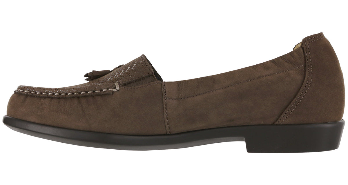 Allen's Bootery Hope brown leather moccasin loafer with tassel detail and side view profile