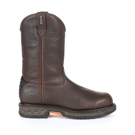 Allen's Bootery brown leather steel toe waterproof pull-on work boot with heel stabilizer and durable rubber outsole