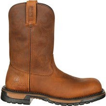 Allen's Bootery Rocky brown full-grain leather waterproof western work boot with composite toe and rubber outsole.