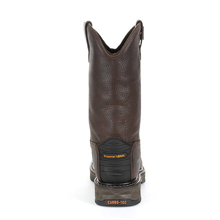 Allen's Bootery Georgia Boot Carbo-Tec LT brown leather steel toe pull-on work boot, rear view showing heel stabilizer.