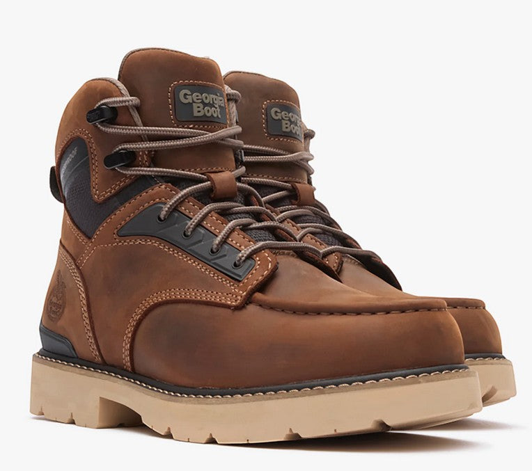 Allen's Bootery Georgia Boot Carbon Flex 6-inch brown leather waterproof work boots with moc-toe and carbon safety toe.