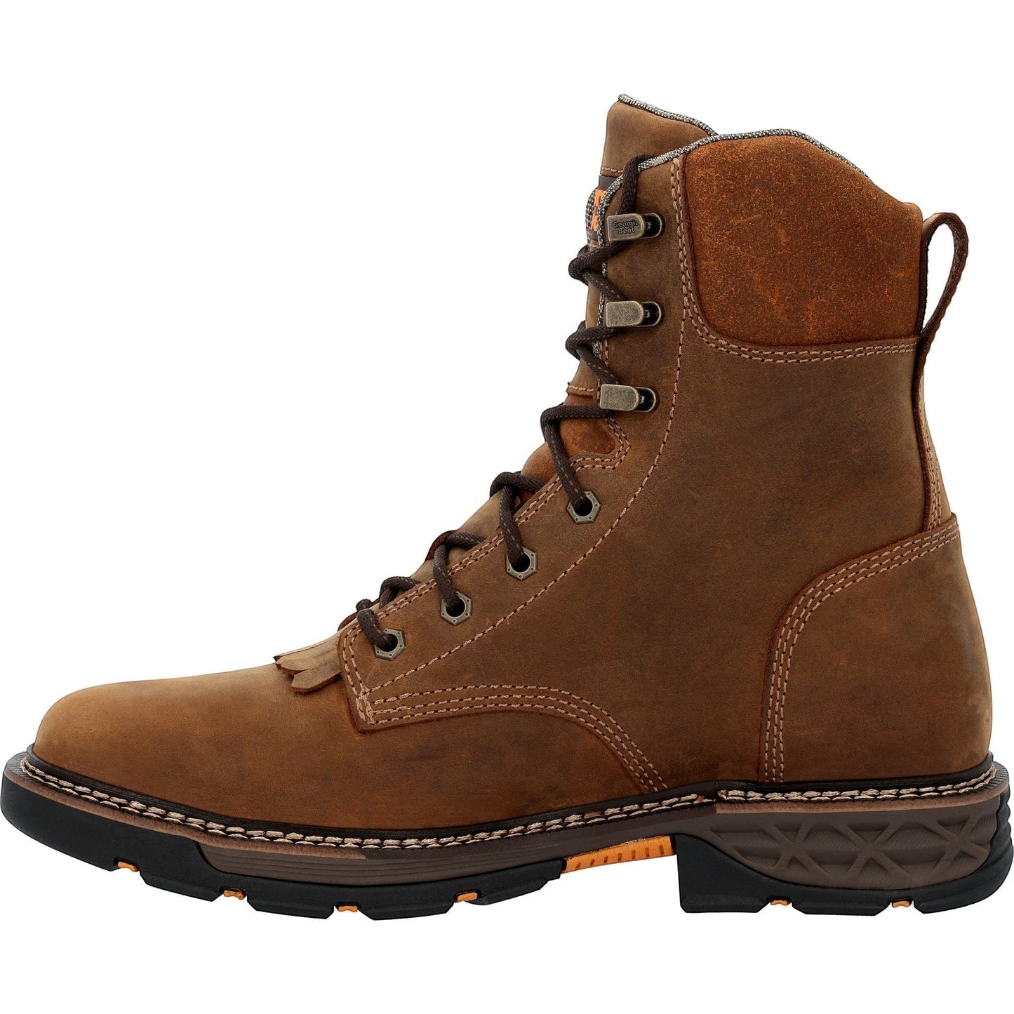 Allen's Bootery brown full-grain leather waterproof lacer work boot with square toe and durable rubber outsole