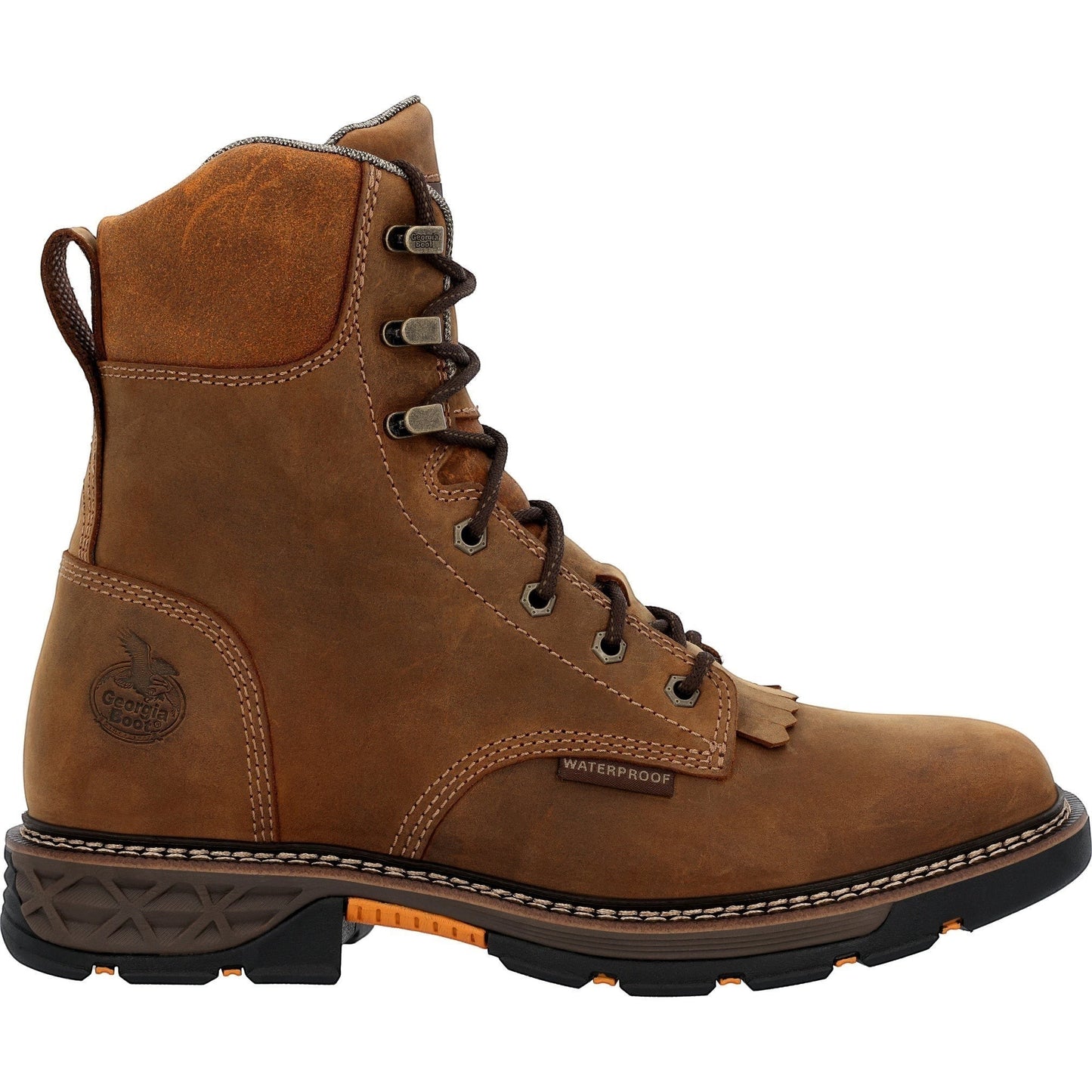 Allen's Bootery brown full-grain leather waterproof lacer work boot with square toe and removable kiltie