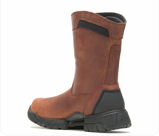 Allen's Bootery brown waterproof full-grain leather work boot with slip-resistant rubber outsole and pull-on design.