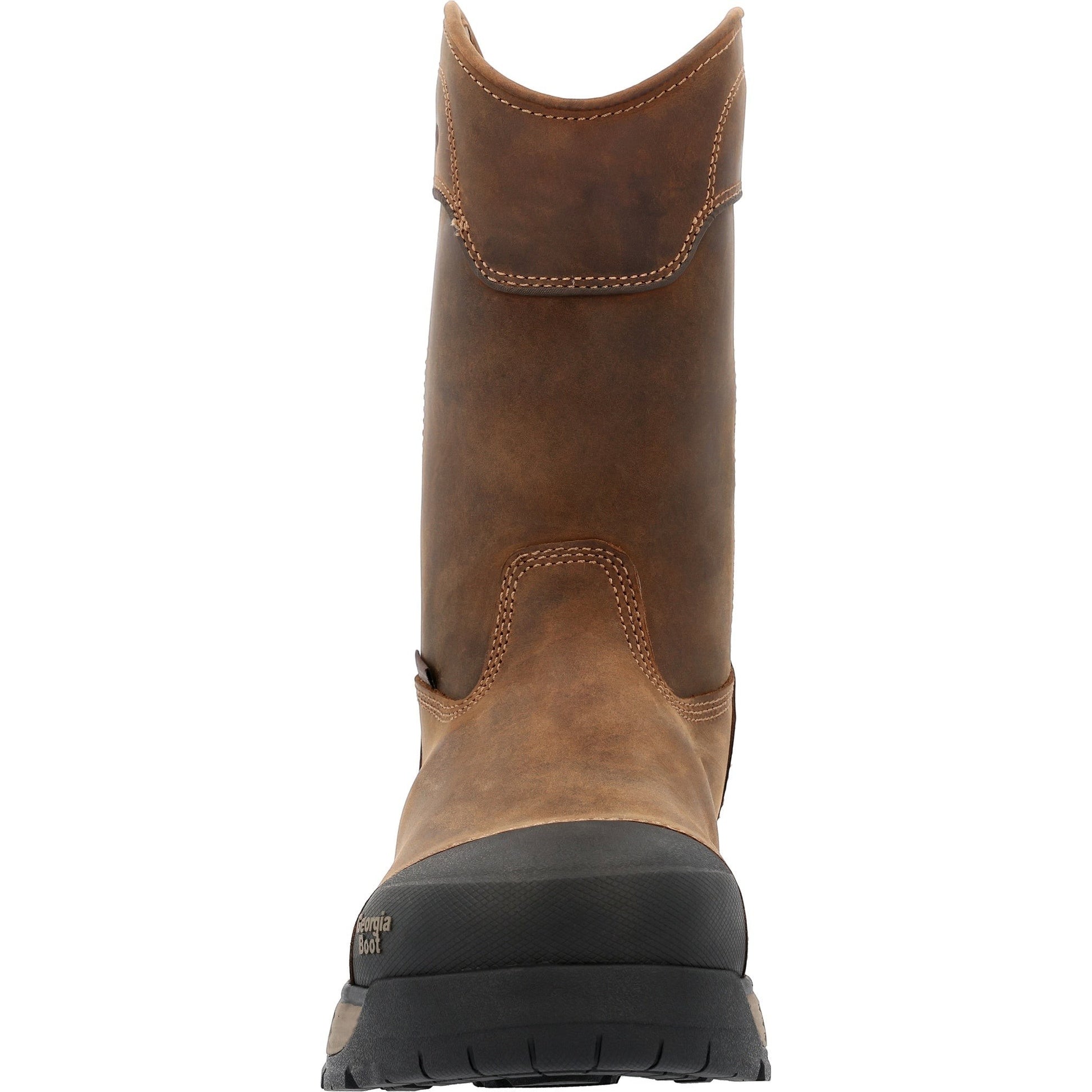 Allen's Bootery brown full-grain leather 10-inch pull-on work boot with alloy toe and waterproof construction.