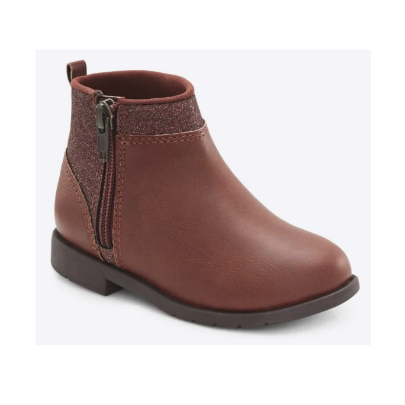 Allen's Bootery Stride Rite Lucy 3 brown toddler boots with side zipper and subtle glitter ankle detail