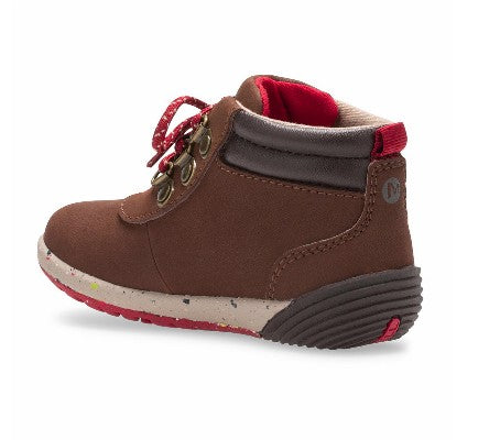 Allen's Bootery brown toddler hiker boot with red interior, flexible speckled sole, and fixed laces for easy fit.