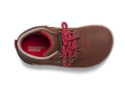 Allen's Bootery brown toddler hiker-style boot with wide toe box, red laces, and flexible rubber outsole